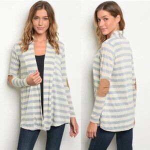 ALWAYS ME' Linen Blend Striped Small Blue Suede Patchwork Sleeve A-Line Cardigan